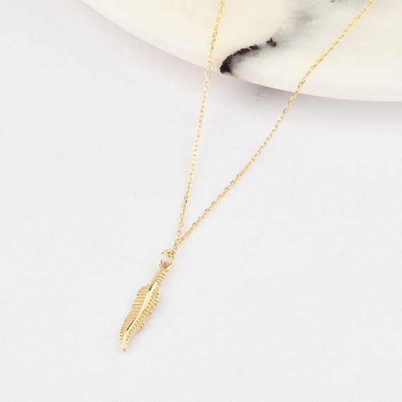 14K Gold Feather Necklace, Gold Feather Necklace, Feather Charm Necklace, Feather Gold Pendant, 14K Gold Necklace, Gold Feather.
