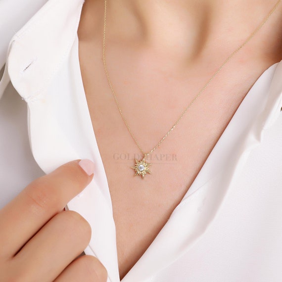 Sun Gold Necklace, 14K Gold Sun Necklace, Sun Charm Necklace, Calestial Necklace, Sunshine Necklace, 14K Gold Necklace, Sun Symbol Necklace.