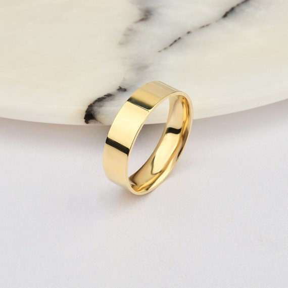 5mm Flat 14K-18K Gold Wedding Band, Gold Polished Ring, Free Laser Engrave, Comfort Wedding Band, Gold Engagement Ring, Gold Wedding Ring.