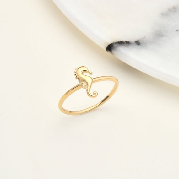 14K Gold Seahorse Ring, Gold Seahorse Ring, Animal Ring, Lucky Seahorse Ring, Seahorse Charm Ring, Seahorse Ring, 14K Gold Ring.