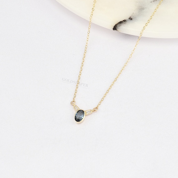 14K Gold Dark Sapphire Necklace, Gold Sapphire Necklace, Sapphire Charm Necklace, September Birthstone Necklace, 14K Gold Necklace.