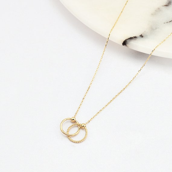 14k Gold Circle Necklace, Couple Necklace, Circle Knot Necklace, Heart Necklace, Lover Necklace, Gold Circles Necklace, 14K Gold Necklace.