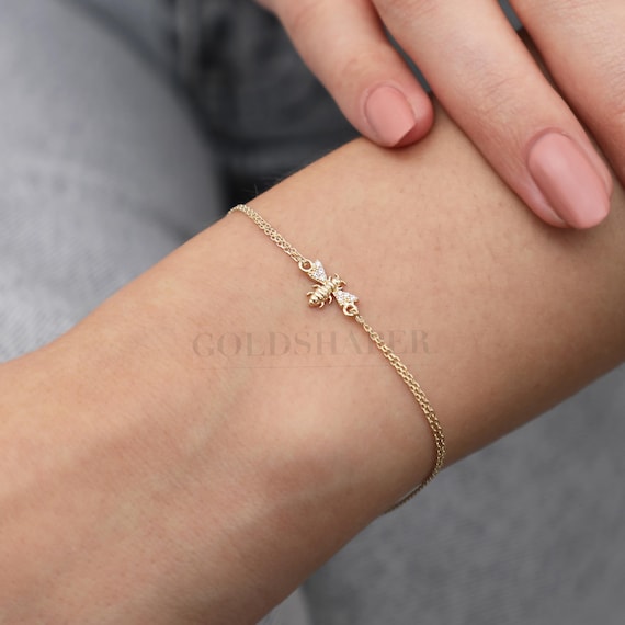 14K Gold Bee Bracelet, Bee Gold Bracelet, Lucky Bee Bracelet, Bee Bracelet,Bee Charm Bracelet, Honey Bracelet,  14K Gold Bracelet,