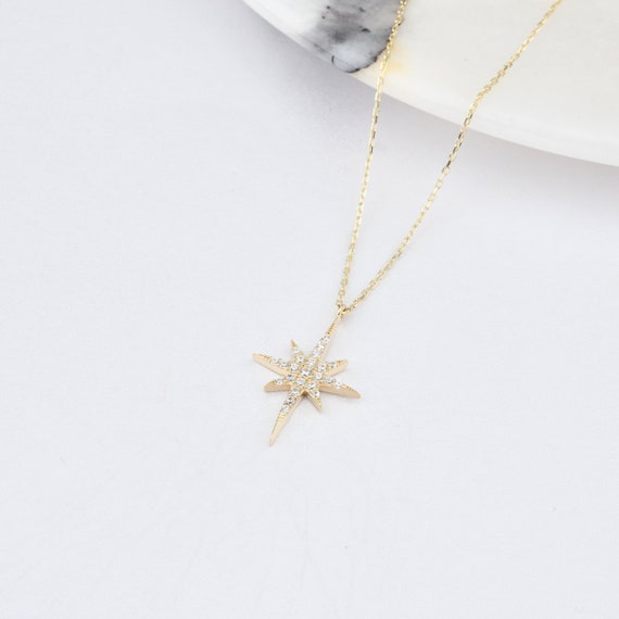 14K Gold North Star Necklace, North Star Necklace, North Star Charm Necklace, Star Necklace, Calestial Necklace, Diamond Option Available.