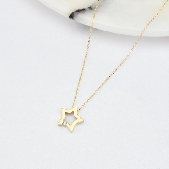 14K Gold Star Necklace, Gold Star Necklace, Star Charm Necklace, Star Symbol Necklace, Calestial Necklace, 14K Gold Necklace.
