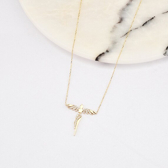 14K Gold Angel Necklace, Gold Angel Wing Necklace, Angel Charm Necklace, Wing Necklace, Angel Necklace, 14K Gold Necklace.