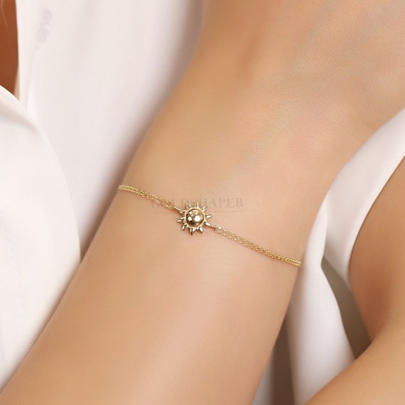 14K Gold Sun Bracelet, Sun Gold Bracelet, Sunhine Gold Bracelet, Calestial Bracelet, Sun Symbol Bracelet, Sun Bracelet, 14K Gold Bracelet.