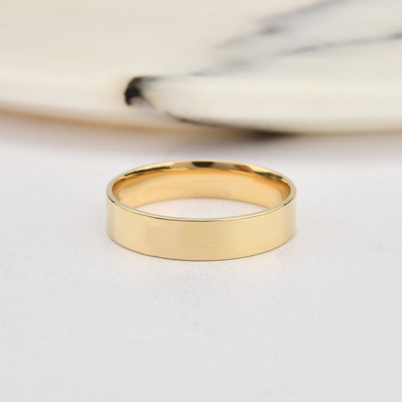 4mm Flat 14K-18K Gold Wedding Band, Gold Polished Ring, Free Laser Engrave, Comfort Wedding Band, Gold Engagement Ring, Gold Wedding Ring.