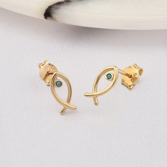 14K Gold Fish Earrings, Fish Gold Earrings, Fish Charm Earring, Lucky Fish Earrings, Animal Gold Earrings, 14K Earrings.