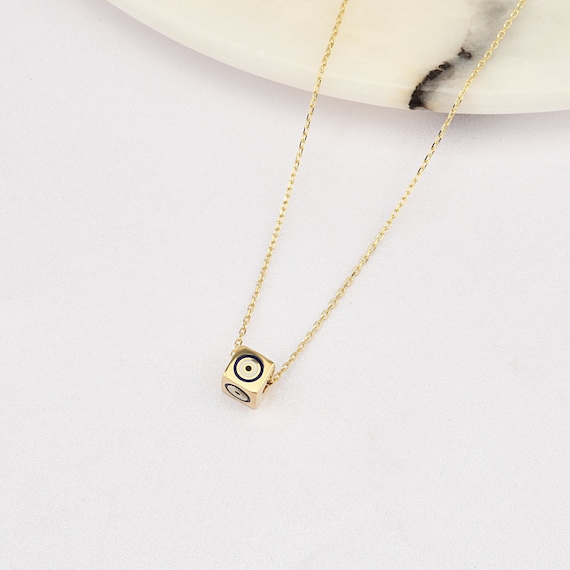 14K Gold 3D Cube Evil Eye Necklace, Gold Cube Necklace, Cube Necklace, Geometric Cube Necklace, 14K Gold Necklace, Evil Eye Necklace.