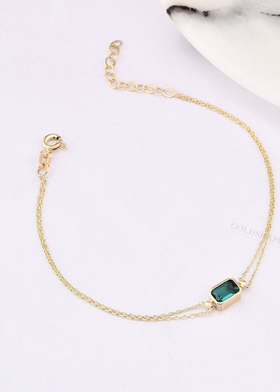 14K Gold Emerald Bracelet, Emerald Stone Bracelet, Emerald Gold Bracelet, May Birthstone Bracelet, Emerald Gemstone Bracelet, 14K Bracelet.