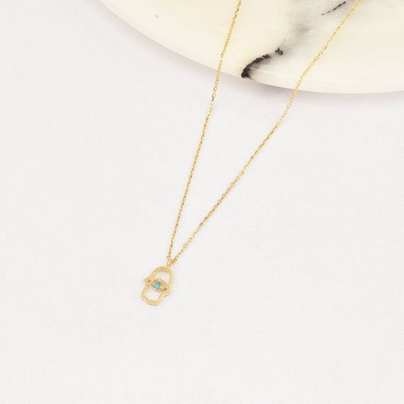 14K Gold Hamsa Necklace, Gold Hamsa Hand Necklace, Hamsa Hand Charm Necklace, Evil Eye Necklace, Hamsa Necklace, 14K Gold Necklace.