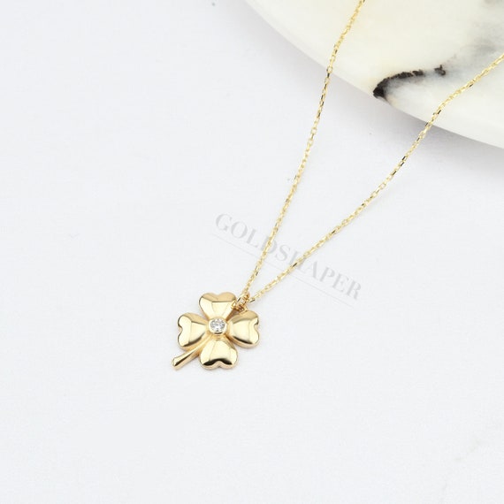 Clover Gold Necklace, 14K Gold Clover Necklace, 4 Leaf Clover Necklace, Floral Necklace, Lucky Clover Necklace, Flower Necklace, 14K Gold.