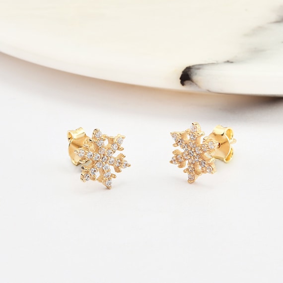 14K Gold Snowflake Earrings, Snowflake Gold Earrings, Snowflake Charm Earrings, Snow Earrings, Snowflake Symbol Earrings, 14K Gold Earrings.