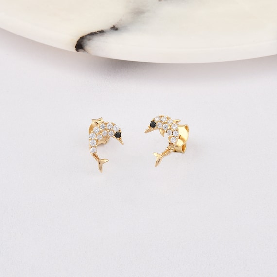 14K Gold Dolphin Earrings, Dolphin Gold Earrings, Dolphin Charm Earring, Lucky Dolphin Earrings, Dolphin Earring, 14K Gold Earrings.