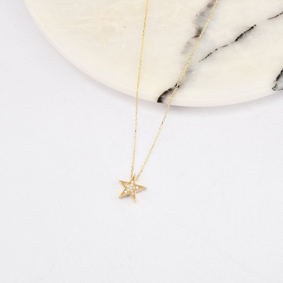 14K Gold Star Necklace, Gold Star Necklace, Star Charm Necklace, Star Symbol Necklace, Calestial Necklace, 14K Gold Necklace.