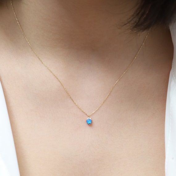 14K Gold Blue Opal Necklace, Gold Opal Necklace, Opal Charm Necklace, October Birthstone Necklace, Gemstone Necklace, 14K Gold Necklace.