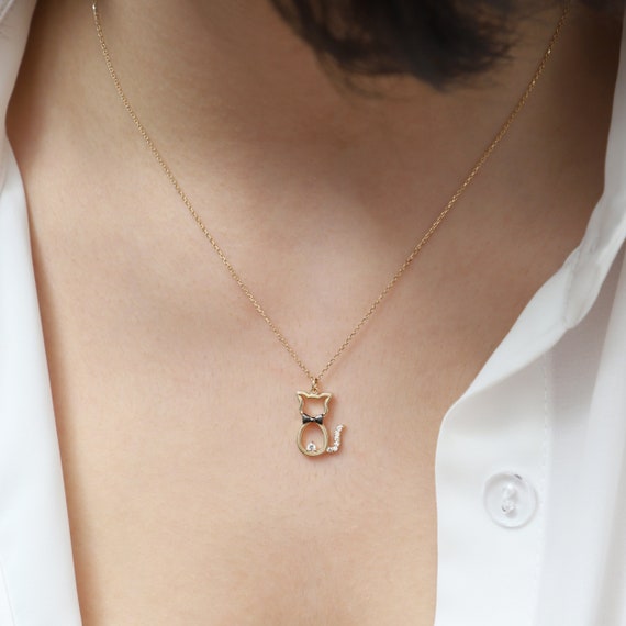 14K Gold Cat Necklace, Gold Cat Necklace, Cat Charm Necklace, Cat Gold Pendant, 14K Gold Necklace, Animal Necklace, Pet Necklace, Gold Cat.