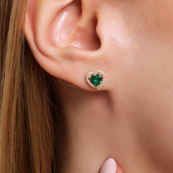 14K Gold Heart Emerald Earrings, Heart Gold Earrings, Heart Earrings, Emerald Earrings, Emerald Stud Earrings, Emerald Heart Gold Earrings.