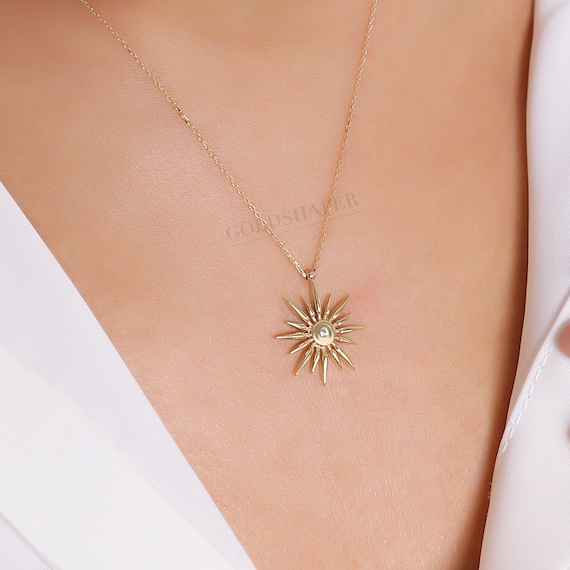 14K Gold Sun Necklace, Gold Sun Necklace, Sun Charm Necklace, Calestial Necklace, Sunshine Necklace, 14K Gold Necklace, Sun Symbol Necklace.