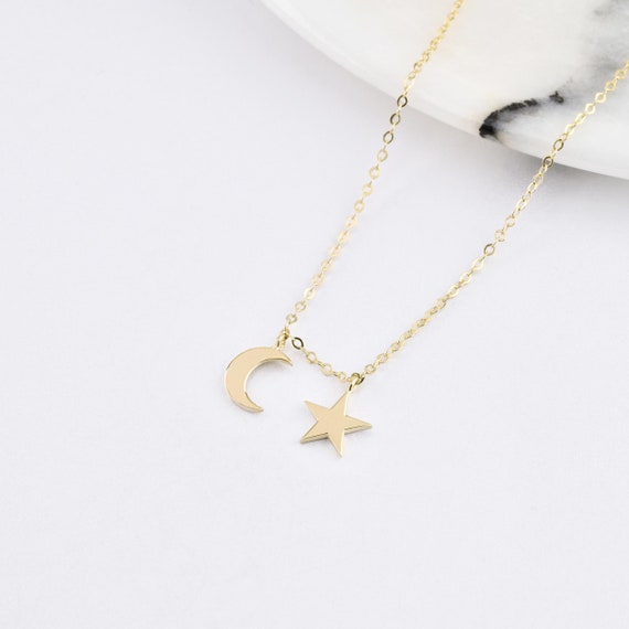 14K Gold Moon And Star Necklace, Moon-Star Necklace, Calestial Necklace, Star Moon Necklace, Star Necklace, Moon Necklace, 14K Gold Necklace