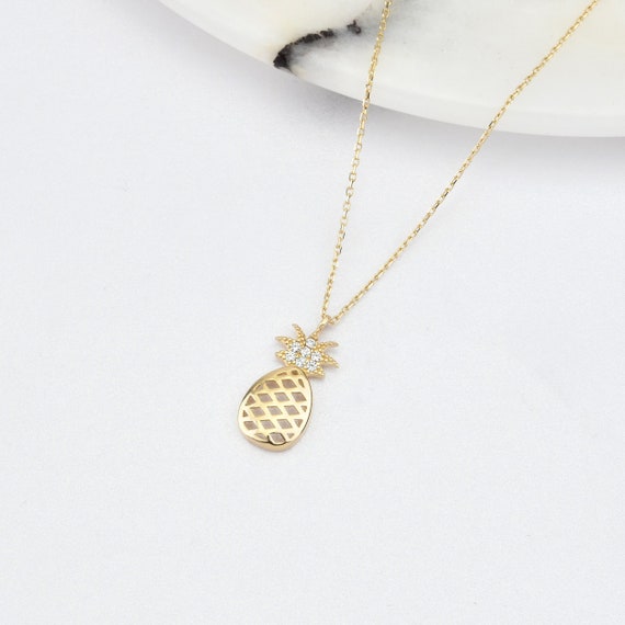 14K Gold Pineapple Necklace, Gold Pineapple Necklace, Fruit Necklace, Lucky Pineapple Pendant, Pineapple Pendant, 14K Gold Necklace.