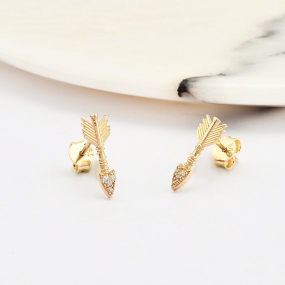 14K Gold Arrow Earrings, Arrow Gold Earrings, Arrow Earrings, Bow Earrings, Arrow Shape Gold Earrings, 14K Gold Stud Earrings.