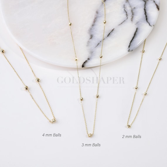 14K Gold Dorica Ball Bead Necklace, 4MM 3MM 2MM Balls Station Necklace, Gold Dorica Balls Necklace, 14K Solid Gold Necklace, Balls Necklace.