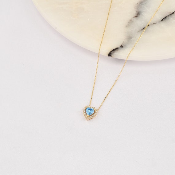 14K Heart Aquamarine Necklace, 14k Solid Gold Heart Necklace, March Birthstone, Heart Neckace, Aquamarine Necklace, Heart Cut Aquamarine.