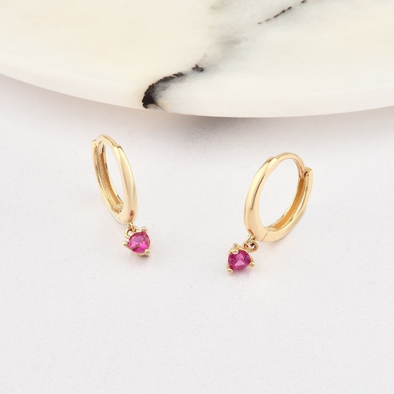 14K Gold Ruby Hoop Earrings, Ruby Gold Earrings, Ruby Stone Earrings, Round Cut Ruby Earrings, Gold Hoop Earrings, Ruby.