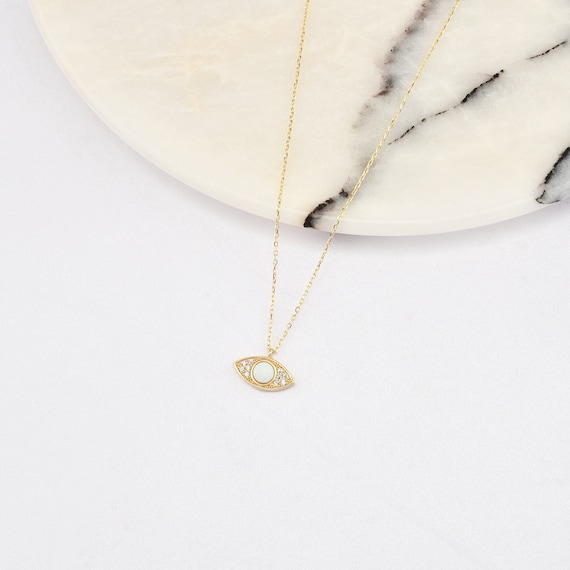 14K Gold White Opal Eye Necklace, Gold Eye Necklace, Gold Opal Necklace, Gold Eye Necklace, October Birthstone Necklace, 14K Gold Necklace.