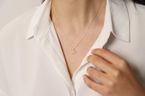 14K Gold Starfish Necklace, Gold Starfish Necklace, Starfish Necklace, Star Necklace, Starfish Charm Necklace, Starfish Pendant, 14K Gold.