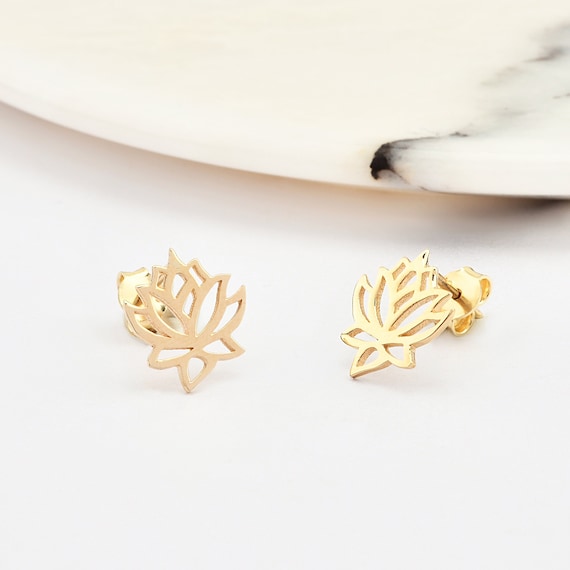 14K Gold Lotus Earrings, Lotus Flower Gold Earrings, Lotus Charm Earrings, Flower Earrings, Lotus Symbol Earrings, 14K Gold Stud Earrings.