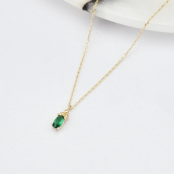 14K Gold Emerald Necklace, Gold Emerald Necklace, Emerald Charm Necklace, May Birthstone Necklace, Gemstone Necklace, 14K Gold Necklace.