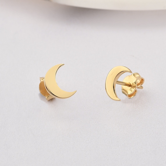 14K Gold Moon Earrings, Moon Gold Earrings, Moon Charm Earring, Lucky Moon Earrings, Calestial Gold Earrings, 14K Gold Earrings.