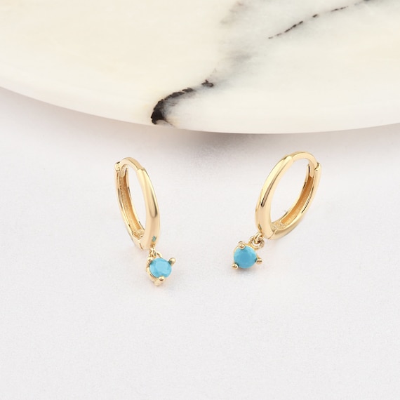 14K Gold Turquoise Hoop Earrings, Turquoise Gold Earrings, Turquoise Earrings, Round Cut Turquoise Earrings, Gold Hoop Earrings, Turquoise.
