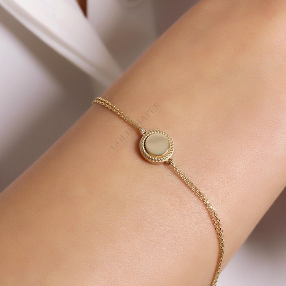 Round Personalized Bracelet, 14K Gold Round Signet Bracelet, Signet Bracelet, Round Shape Bracelet, Personalized Bracelet, Bar Bracelet, 14K