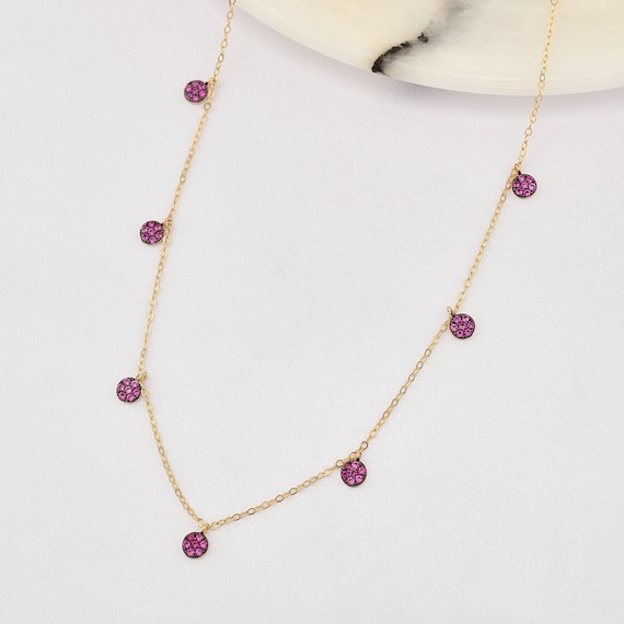 14K Gold Ruby Discs Necklace, Discs Necklace, Station Necklace, Disc Necklace, Ruby Necklace, 14K Necklace, Ruby Stones Necklace.