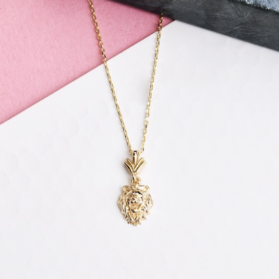 14K Gold Lion Necklace, Gold Lion Head Necklace, Lion Charm Necklace, Lion Necklace, Lion Gold Pendant, 14K Gold Necklace, Animal Necklace.