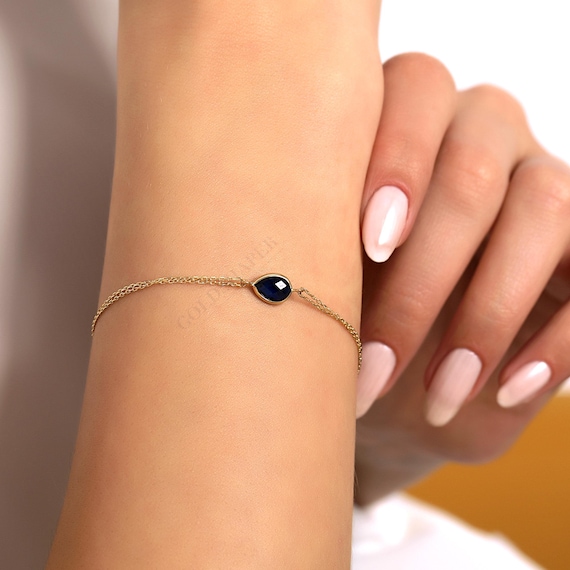 14K Gold Dark Sapphire Bracelet, Sapphire Stone Bracelet, Sapphire Gold Bracelet, September Birthstone Bracelet, Sapphire Gemstone Bracelet.