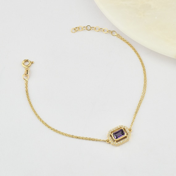 14K Gold Amethyst Bracelet, Amethyst Stone Bracelet, Amethyst Gold Bracelet, February Birthstone Bracelet, Amethyst Gemstone Bracelet.