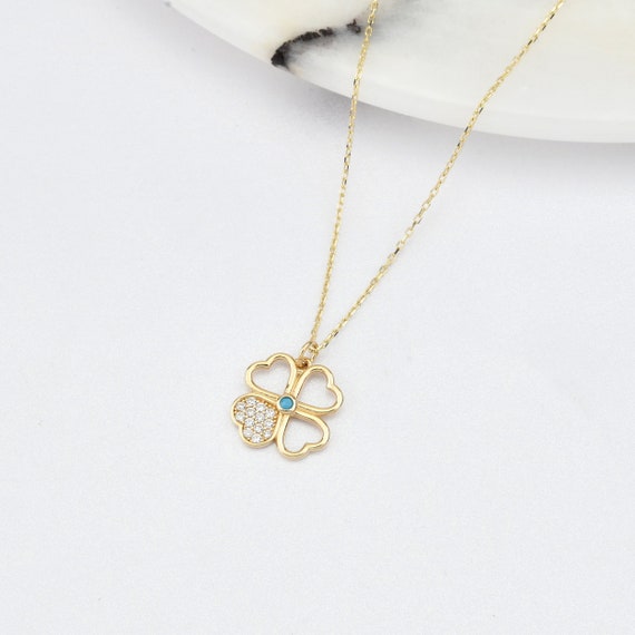 14K Gold Clover Necklace, Solid Gold Clover Necklace, 4 Leaf Clover Necklace, Floral Necklace, Lucky Clover Necklace, Flower Necklace.