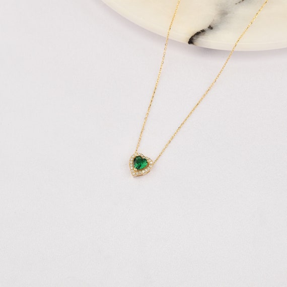 14K Heart Emerald Necklace, 14k Solid Gold Heart Necklace, May Birthstone, Heart Neckace, Emerald Necklace, Heart Cut Emerald.