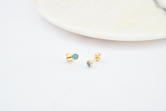 14K Gold Turquoise Stud Earrings, Turquoise Gold Earrings, Turquoise Earrings, Round Cut Turquoise Earrings, Gold Stud Earrings, Turquoise.