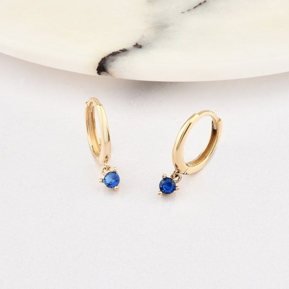 14K Gold Sapphire Hoop Earrings, Sapphire Gold Earrings, Sapphire Stone Earrings, Round Cut Sapphire Earrings, Gold Hoop Earrings, Sapphire.