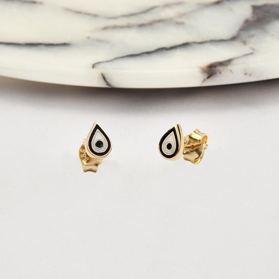 14K Gold Evil Eye Earrings With Enamel, Evil Eye Gold Earrings, Eye Earrings, Nazar Earrings, Evil Eye Earrings, Gold Evil Eye Earrings.