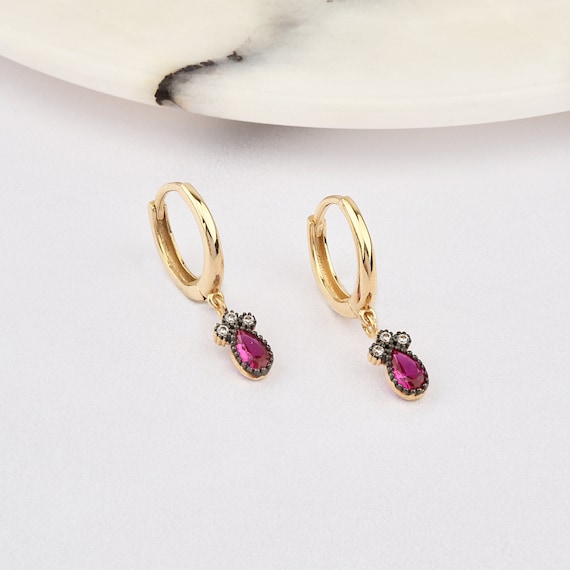 14K Gold Ruby Hoop Earrings, Ruby Gold Earrings, Ruby Stone Earrings, Pear Cut Ruby Earrings, Gold Hoop Earrings, Ruby.