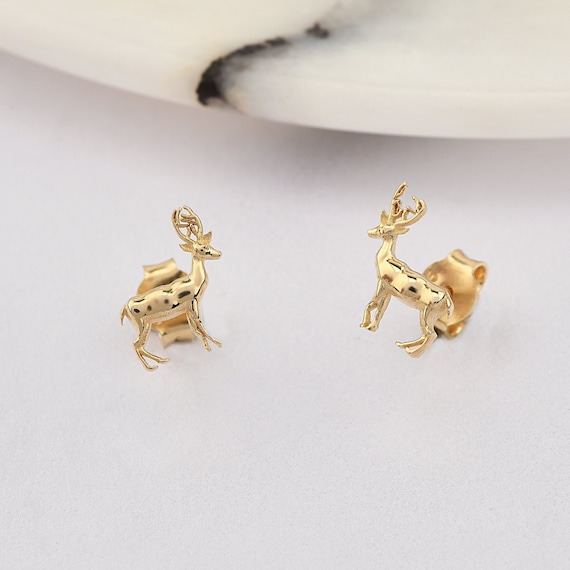 14K Gold Deer Earrings, Deer Gold Earrings, Horned Deer Earrings, Red Deer Earrings, Deer Shape Gold Earrings, Gold Animal Earrings.