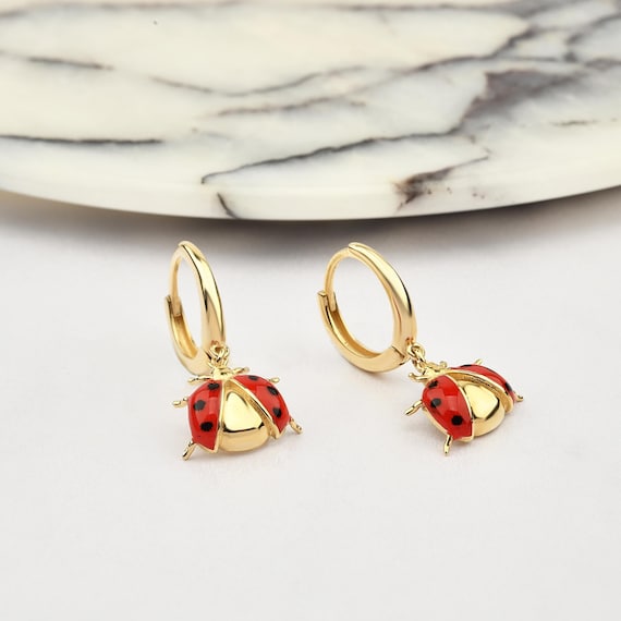 14K Gold Ladybug Hoop Earrings With Enamel, Ladybird Earrings, Ladybug Gold Earrings, Ladybug Earrings, Ladybug Earring, Animal Earrings.