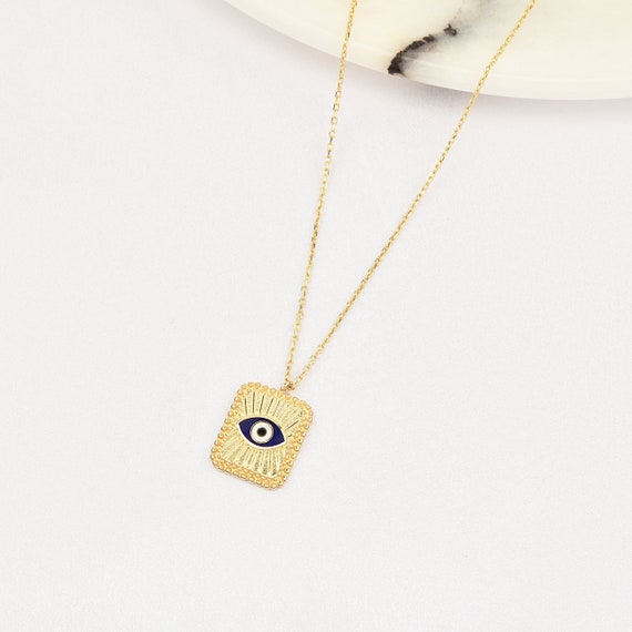 14K Gold Evil Eye With Enamel Necklace, Gold Evil Eye Necklace, Evil Eye Charm Necklace, Evil Eye Necklace, Eye Necklace, 14K Gold Necklace.